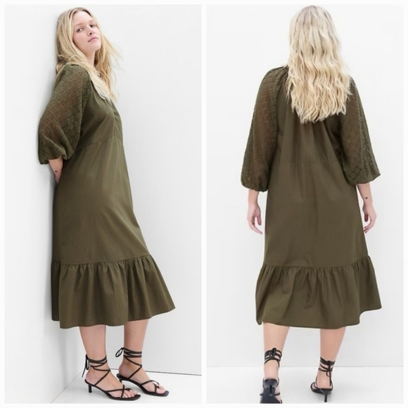 Gap Lace Sleeve Army Jacket Green Ruffle Cotton Midi Dress - Picture 15 of 15